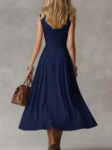 Sleeveless Button-Front Midi Dress, Fitted Waist Flowy A-Line Dress With Pockets - 藏蓝色 - 查看 2