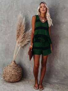 Conjunto de punto de chaleco y pantalones cortos a rayas de contraste de cuello en V, estilo elegante y relajado, adecuado para el uso diario, vacaciones, salidas a la playa en verano - Verde - Ver 6