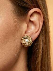Charm Faux Pearl Stud Earring For Women,Stainless Steel Jewelry Vintage Swirl Leaf Gold Earring ,Waterproof Summer Beach Vacation Women Jewellery Gift - Gold - View 2