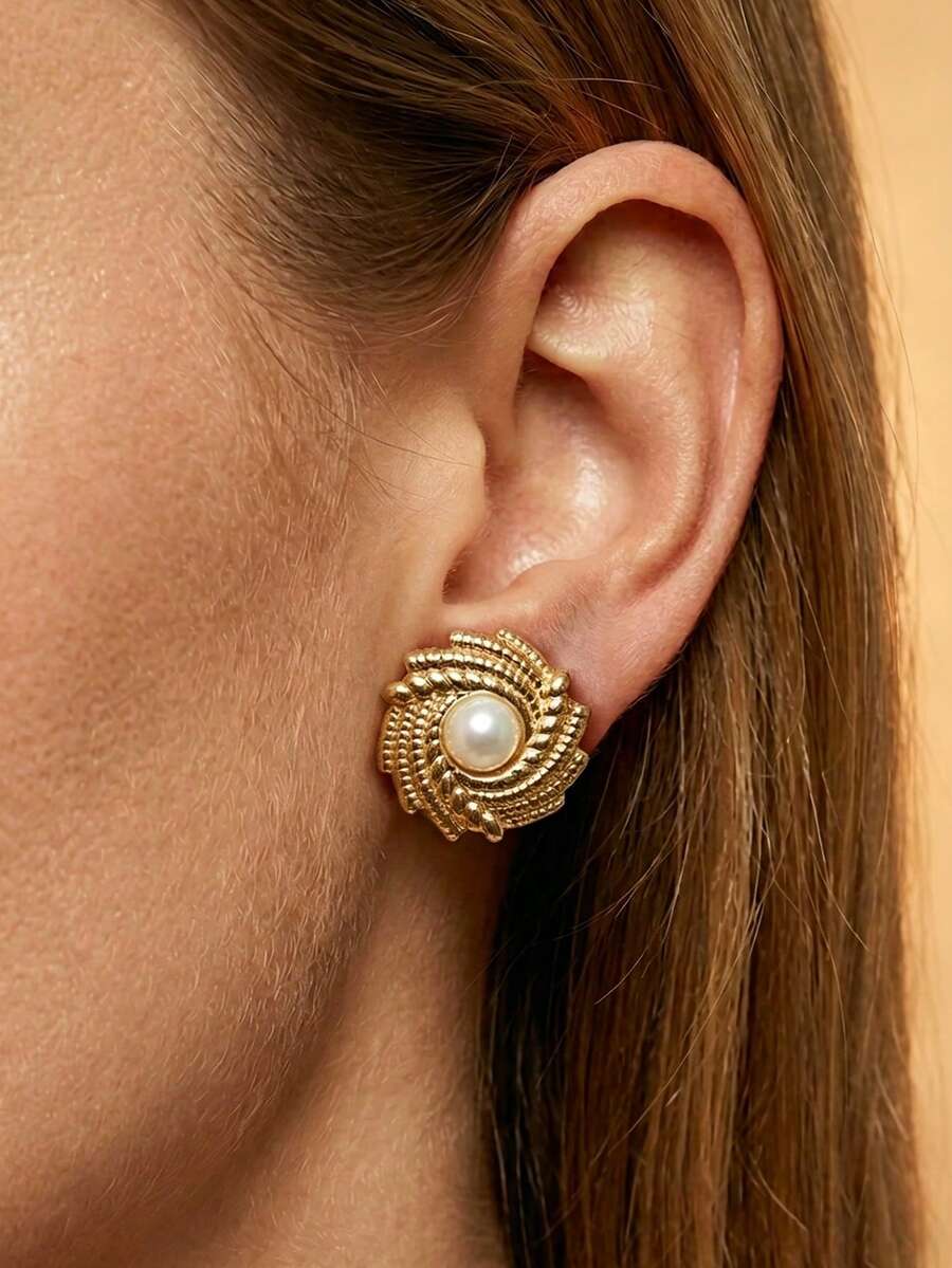 Charm Faux Pearl Stud Earring For Women,Stainless Steel Jewelry Vintage Swirl Leaf Gold Earring ,Waterproof Summer Beach Vacation Women Jewellery Gift