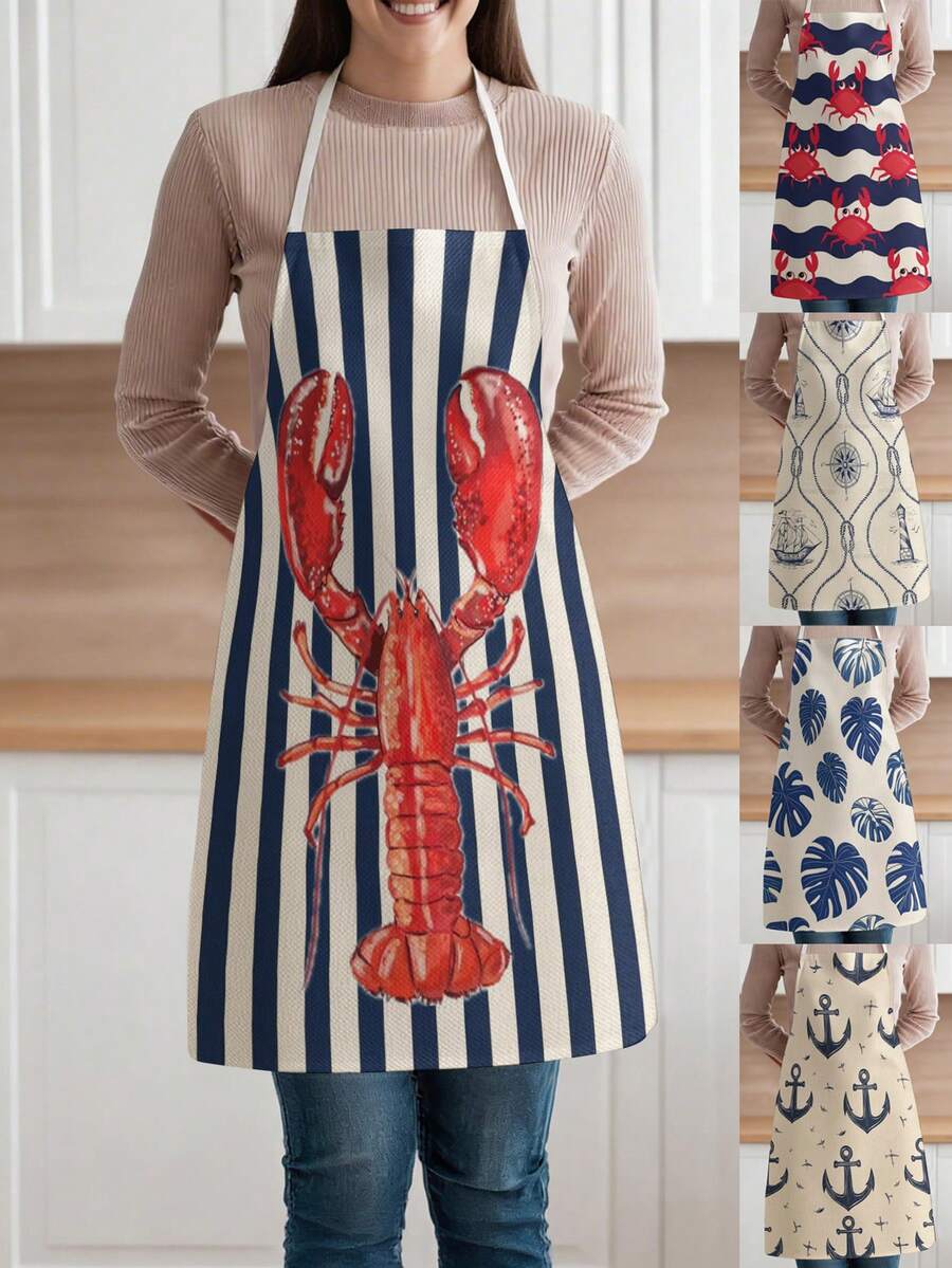 1pc, Lobster Pattern Polyester Apron, Suitable For Cooking, Baking, And Gardening - Can Be Used As Attire For The Kitchen And Dining. - Multicolor - View 1