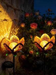 1pc Solar Hollow Flower Pattern Projection Light, Iron Art Hollow Garden Light - Multicolor - View 2