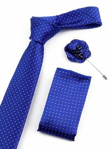 ZLQ&GOU 3 PCS Royal Blue Men's Tie, Pocket Square, Lapel Pin Set, Polka Dot 7cm Polyester Silk Narrow Tie Set, Business And Casual Dual Use - Royal Blue - View 6