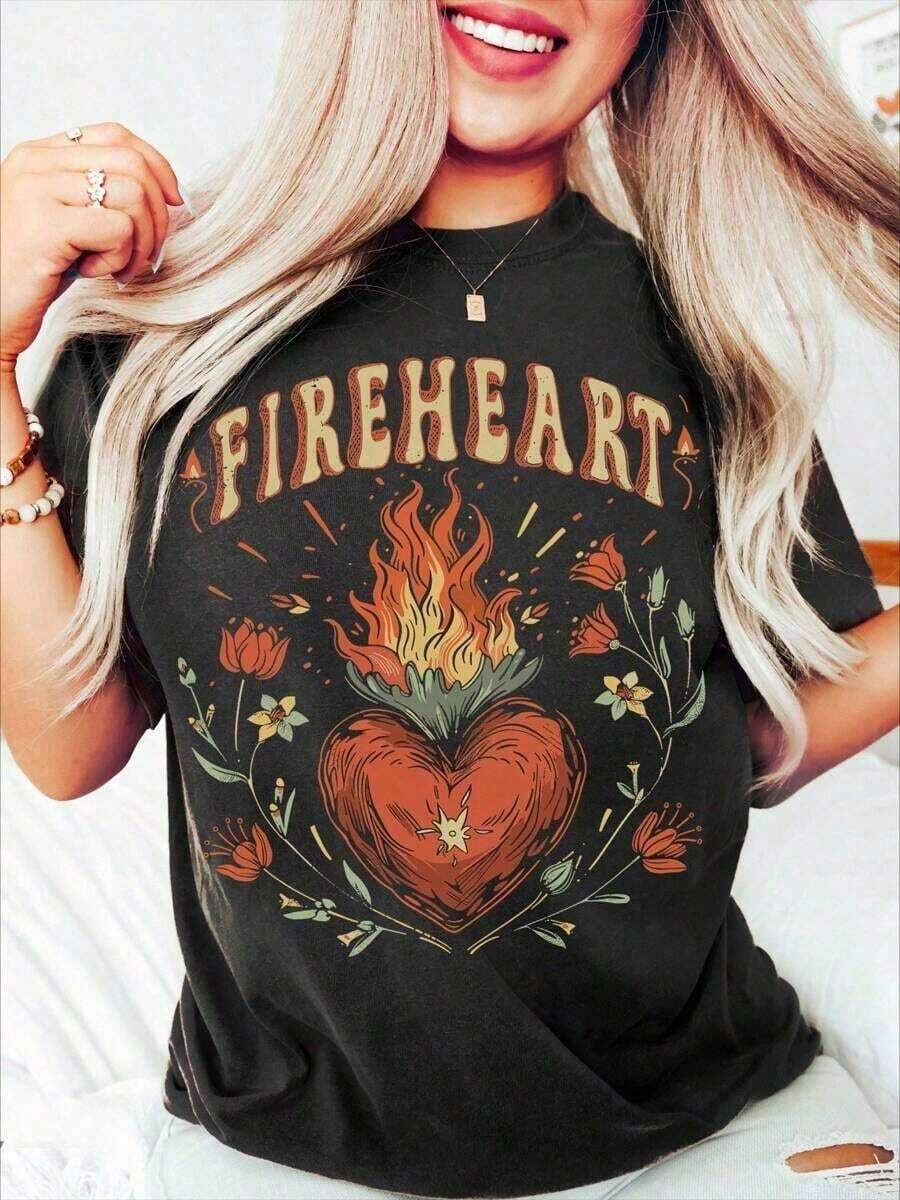 Unisex Vintage T-Shirt With Fire Heart Design, "To Whatever End" T-Shirt, "Throne Of Glass" T-Shirt, "You Do Not Yield" T-Shirt, Oversized Short Sleeve T-Shirt, Classic Thick Cotton T-Shirt, Graphic Print T-Shirt, Casual Short Sleeve T-Shirt For Women, Graphic T-Shirts, T-Shirts For Men, Streetwear, White Shirt, Suitable For Spring, Summer And Autumn. - 黑色 - 查看 1