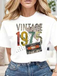Women's Casual T-Shirt With Vintage 1975 Limited Edition Cassette Tape Graphic Print, Soft And Comfortable, Ideal Gift For Birthdays, Christmas, Anniversaries. Suitable For Spring, Summer, And Autumn. - 白色 - 查看 1