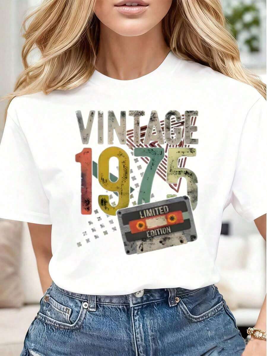 Women's Casual T-Shirt With Vintage 1975 Limited Edition Cassette Tape Graphic Print, Soft And Comfortable, Ideal Gift For Birthdays, Christmas, Anniversaries. Suitable For Spring, Summer, And Autumn. - 白色 - 查看 1