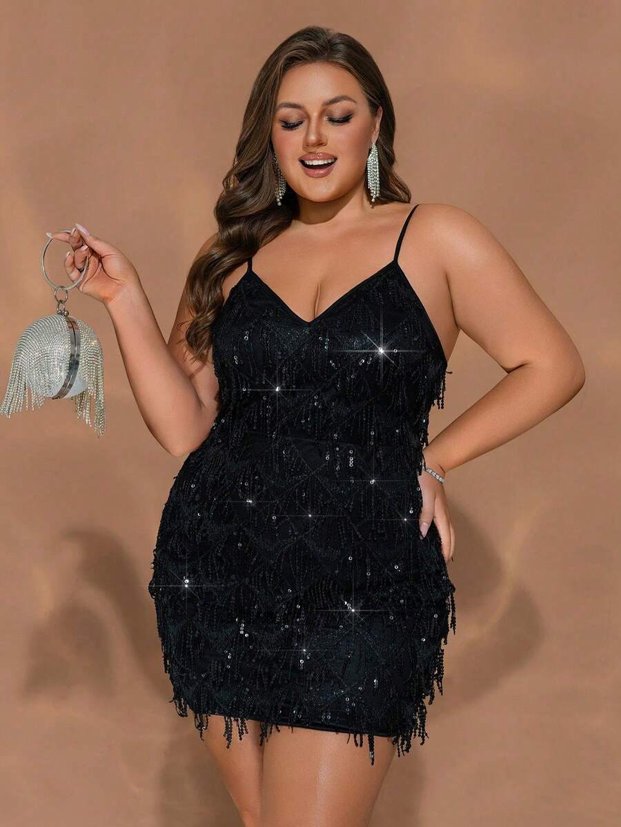 Plus Size Women Solid Color Sequin Tassel Fashion Spaghetti Strap Evening Dress Wedding Black Party