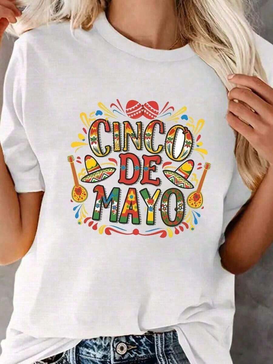 Cinco De Mayo Print T-Shirt, Casual Short Sleeve T-Shirt For Spring And Summer, Women's Clothing, Casual Cotton Short Sleeve T-Shirt For Summer Vacation - 白色 - 查看 1