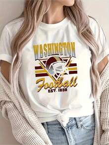 Camiseta de edición limitada con diseño de rayas de casco de fútbol americano de Washington -% algodón, manga corta, cuello redondo casual, camiseta de verano, lavable aáquina, corte holgado, cómoda, suave, elástica y bien ajustada, moda femenina, algodón ligero. - Blanco - Ver 12