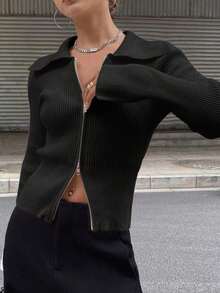 Chaqueta de punto con cremallera de unicolor casual de negocios para mujer - Negro 2 - Ver 6