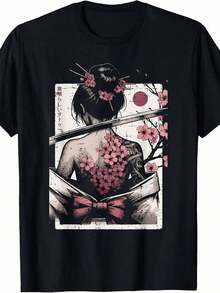 Women's Casual Japanese Style T-Shirt With Cherry Blossom And Geisha Tattoo Design | Unisex, Summer, Short Sleeve, Printed, Solid Color, 220G Fabric, Vintage Style, Round Neck, Regular Fit, 100% Cotton, Durable - 黑色 - 查看 1