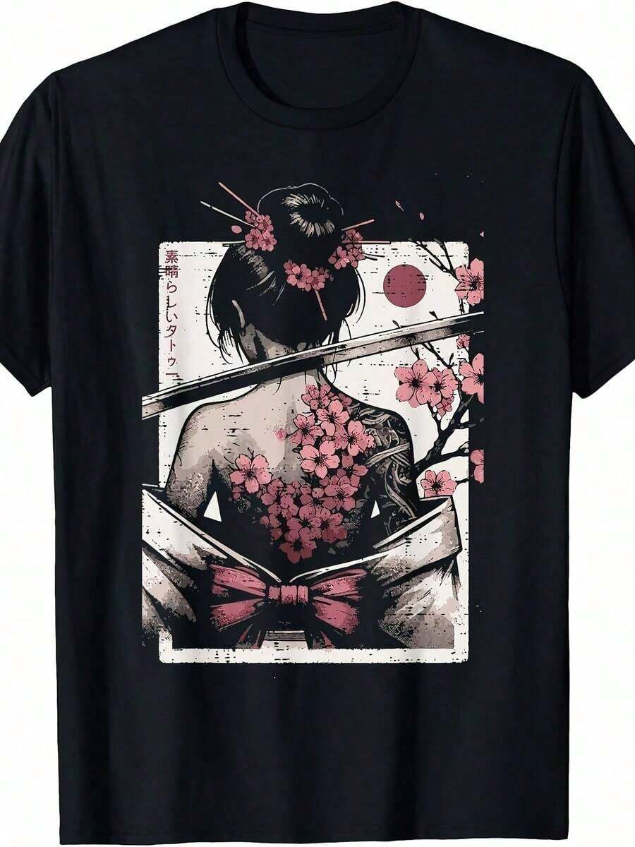 Women's Casual Japanese Style T-Shirt With Cherry Blossom And Geisha Tattoo Design | Unisex, Summer, Short Sleeve, Printed, Solid Color, 220G Fabric, Vintage Style, Round Neck, Regular Fit, 100% Cotton, Durable - 黑色 - 查看 1