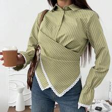 A Sophisticated Coffee, Apricot, Blue, Red, Pink Or White Striped Long-Sleeve Shirt With A Flattering Waist-Cinching Cut And A Unique Cross-Front Design – Elevating Casual Elegance For Evening Parties, Work-From-Home Lounging & Everyday Chic. Elitara Dresses Elitara - 杏色 - 查看 4