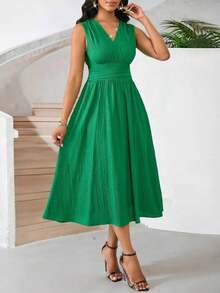 Vestido veraniego sin mangas de mediana longitud para mujer, de tela tejida con textura en color verde - Verde - Ver 4