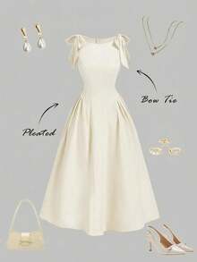 Vestido color albaricoque con cuello redondo, sin mangas, con ribete de contraste, lazo decorativo en la cintura y bajo acampanado - Albaricoque 2 - Ver 2