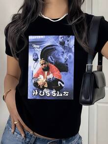 Retrato artístico callejero que simboliza la perseverancia el poder de los sueños y la superación personal con tonos urbanos intensos camiseta de mujer moderna casual de manga corta - Negro - Ver 8