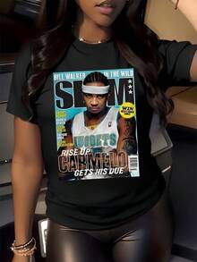 Revista deportiva colorida con letras llamativas que representan la energía del baloncesto urbano y la pasión por el juego camiseta de mujer casual moderna cómoda para uso diario - Negro - Ver 8