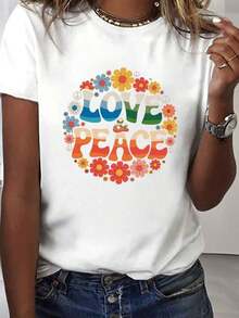 Women's Hippie Style T-Shirt With LOVE & PEACE Graphic - Round Neck And Short Sleeve, Casual Top With Vibrant Flowers And Peace Symbols, Medium Stretch Fabric, Machine Washable For Summer And Spring, Everyday Wear, Retro Fashion, Non-See-Through Material - [白色的] - 查看 2