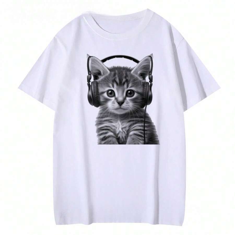 Women's Short-Sleeved T-Shirt With Round Neck And DJ Kitten Print, Casual Cut And Regular Fit, Ideal For Everyday Wear. - 白色 - 查看 1