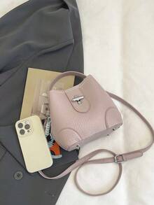 Dedoo Women's Early Spring Litchi Grain Soft Leather Classic Bucket Bag, Metal Cross Lock Design, Versatile Mild Casual Style Suitable For Work, Dates, Afternoon Tea, Handheld & Shoulder 2-Way Bag - Pink - View 9