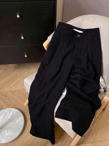 Pantalones anchos de primavera casuales para mujer  estilo de pierna recta holgada, diseño de cintura único de unicolor, adecuados para la oficina y el uso diario, versátiles y favorecedores - Negro - Ver 7