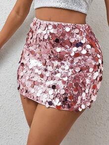 Minifalda ajustada con lentejuelas para ropa de fiesta de vacaciones - Rosa - Ver 7