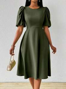 Vestido verde de manga abullonada larga, cuello en V, cintura recogida y bajo acampanado, para primavera y verano - Verde militar - Ver 3