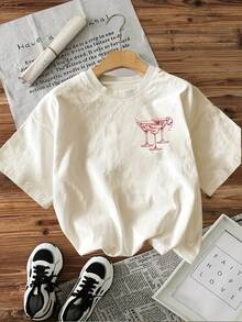 [Estampado a Doble Cara]Camiseta de Estilo Vintage con Estampado de Letras "DRUNK IN LOVE" y Copas de Vino, Corte Holgado, Casual, Cuello Redondo, para Mujer - Estilo Urbano Vintage, Unisex, Camiseta de Algodón de Manga Corta con Cuello Redondo, blusas para mujer. blusas.blusas casuales para dama. - Albaricoque - Ver 2
