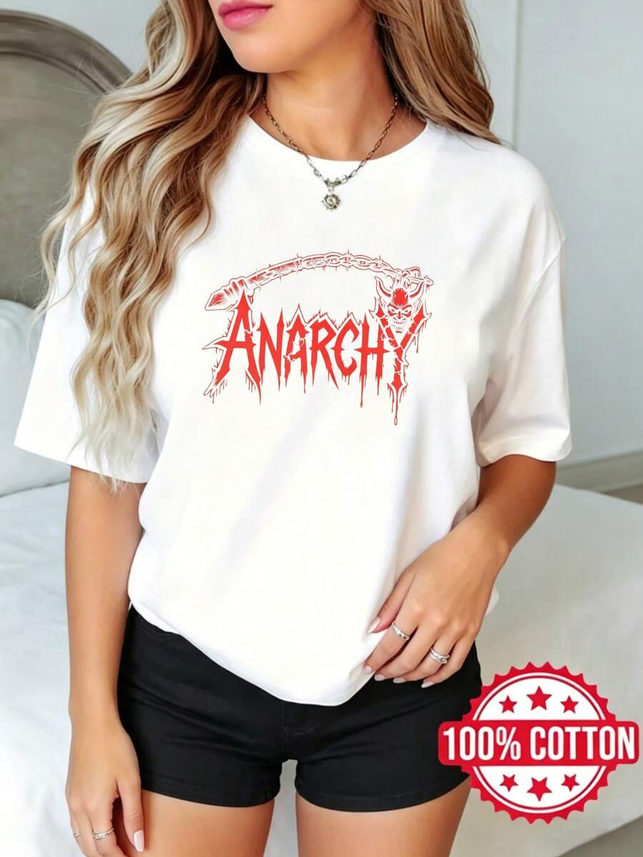 Camiseta estamp de manga corta y cuello redondo para mujer, estilo casual de verano Diseño de Calavera Roja Anarquía S-3XL 100% aodón material