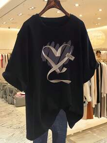 Women's Modern, Casual T-Shirt, Perfect For Parties And Lounging At Home. 100% Cotton, Loose Fit. 100% Pure Short-Sleeve T-Shirt For Women, Summer Oversized Loose Casual Style, Versatile With Heart Print, Perfect For 100% Cotton - 黑色 - 查看 5