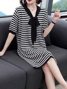 Vestido corto de mujer Nuevo vestido de verano de manga corta con escote en V, de moda para mujer, suelto y que estiliza, de longitud media en estilo A - Blanco y Negro - Ver 5