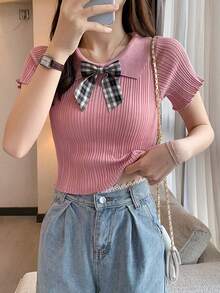 Blusa de mujer Camiseta de punto de manga corta con cuello de muñeca y lazo estilo coreano de verano para mujer, corta, con abdomen al aire, de fibra de hielo elástica - Rosa - Ver 3