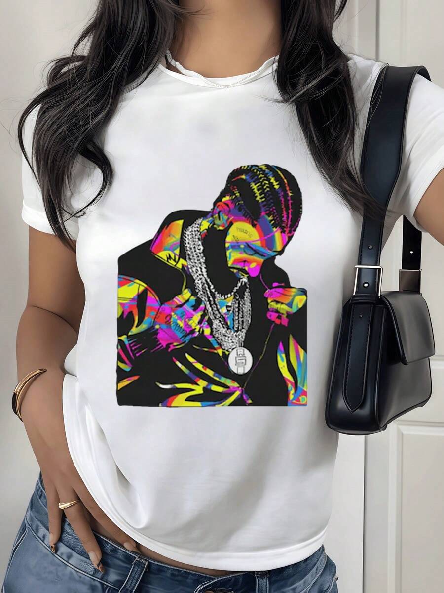 Artistic Portrait Formed By Strokes Of Neon Colors That Represent Creative Energy And Feminine Inner Strength With Vibrant Contrast; Modern Casual Women's T-Shirt Ideal For Everyday Wear - 白色 - 查看 1