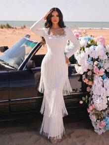 New Arrival European And American Fashion Square Neck Diamond Flower Design Layered Tassel Fitted Party Dress For Women - White - View 2