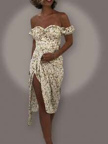 Vestido largo primavera con estampado floral volantes y abertura alta estilo europeo elegante para mujer - Albaricoque - Ver 4