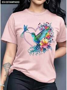 Women's Graphic T-Shirt, Casual Tee, Heart, Butterfly, Hummingbird, Flower Print, Floral Style, Glitter, Sparkles, Shiny, Everyday Wear, Day Or Night, Valentine's Day, Soft Material, Loose Fit, Round Neck, Short Sleeves - 白色 - 查看 5