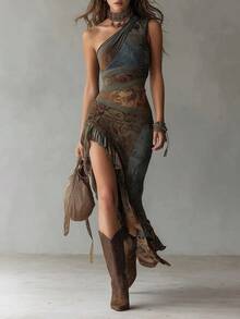 New 2026 Retro Style Dress With Mixed Print, Long Holiday Dress With Irregular Ruffle Hem European Style - أبيض عاجي - مشاهدة 8