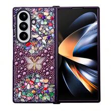 1pc PC Hard Shell Pearl Butterfly Rhinestone Phone Case Compatible With Samsung Galaxy Z Fold 8 Ultra 7 6 5 4 3 5G - Purple - View 2