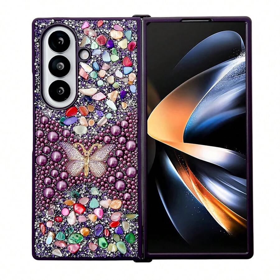1pc PC Hard Shell Pearl Butterfly Rhinestone Phone Case Compatible With Samsung Galaxy Z Fold 8 Ultra 7 6 5 4 3 5G