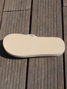 女士黑色人字拖凉鞋，镶钻蝴蝶结设计，轻便厚底，夏季沙滩休闲拖鞋 - 米色 - 查看 7