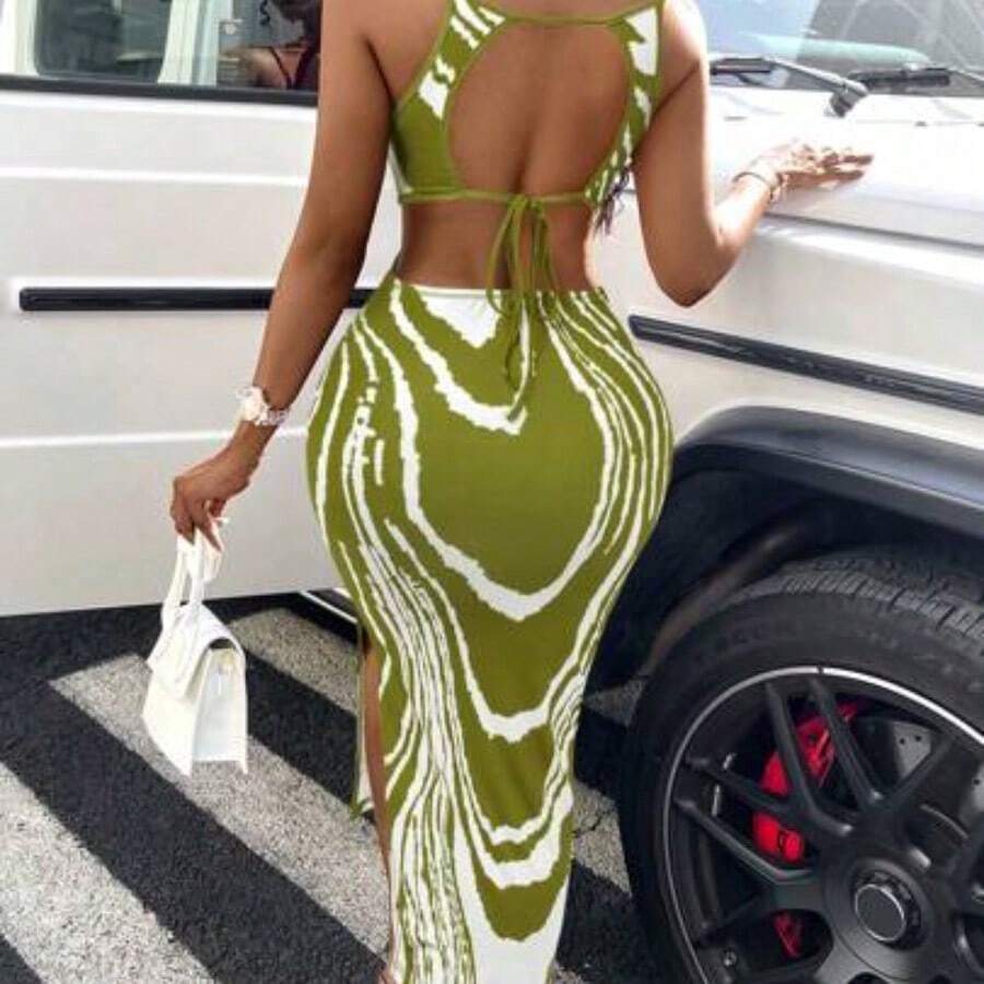 BamGlam Graphic Print Striped Brush Print Bodycon Dress Split Hem Cami Dress Maxi Women Outfit - Verde - Ver 1