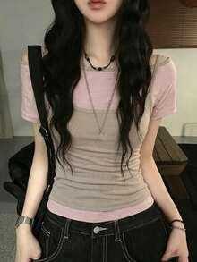 YCYC Korean Style Summer Layering Off-Shoulder Slimming Versatile Striped 2 In 1 Short Sleeve Camisole Top Casual Pink - Pink - View 4