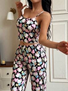Bộ đồ ngủ nữ Hello Kitty 2 món gồm áo hai dây in họa tiết và quần ống đứng cạp chun dễ thương. - màu đen - Xem 1