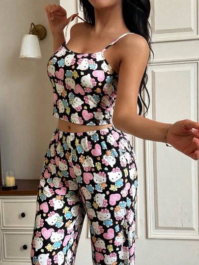 2pcs HELLO KITTY Women's Camisole Printed Crop Top + Straight Elastic Waist Pants Cute Pajama Set