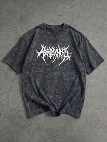 FRACTYR Men's Summer Casual Street Metal Font Graphic Loose Fit Round Neck Printed T-Shirt, Comfortable Breathable Suitable For Outdoor Wear, Solid Color Casual Top - Black - View 4