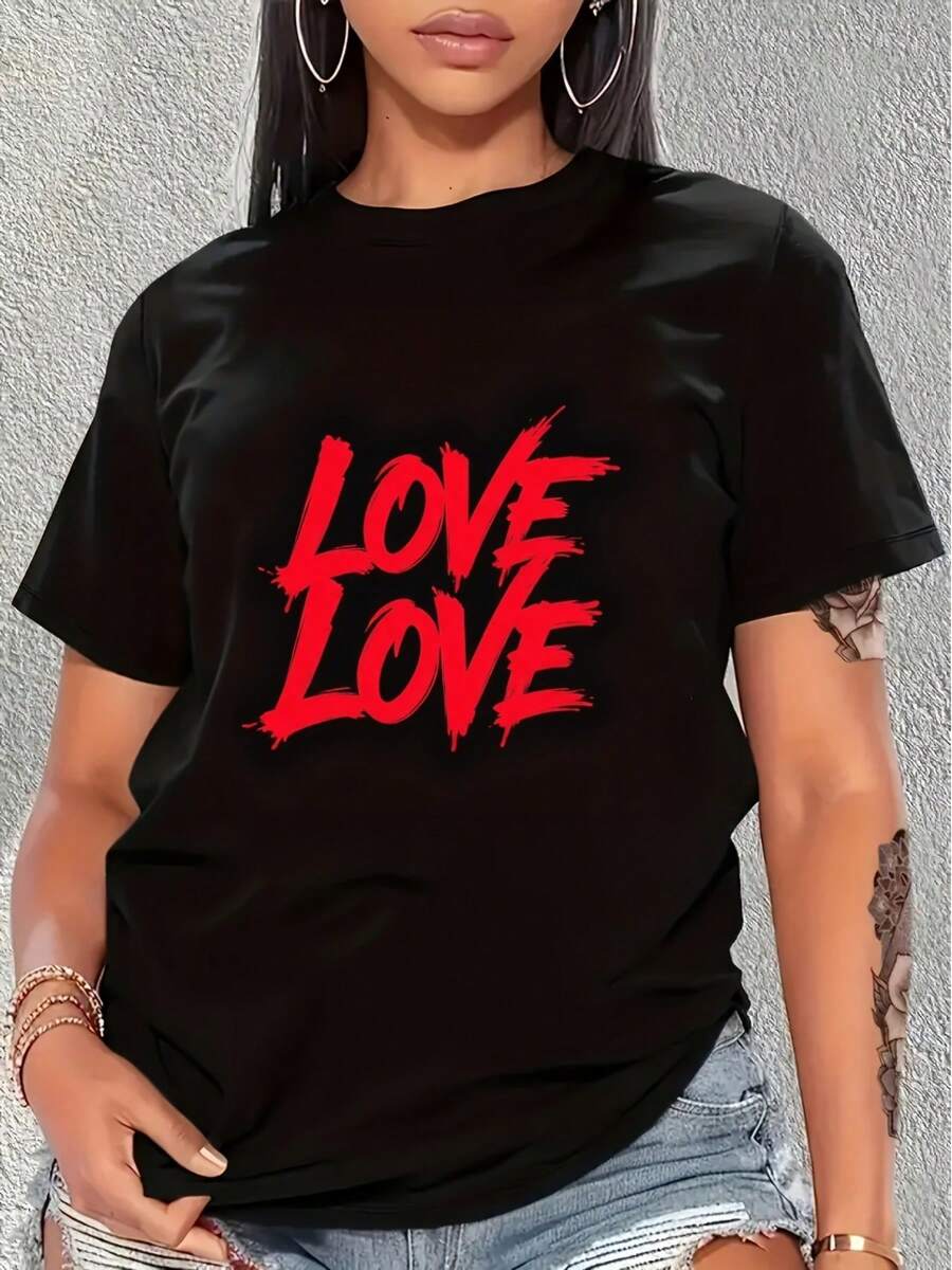 1 Camiseta Wo'S Roja con Estampado de 'LOVE' Aboton a Doble Bretell, Casual y Elegante, Manga Corta y Cuello Redondo, Negra con Letras Rojas en Jefe, Comodidad para Todas las Estaciones, Tejido Duradero Lavable a Máquina