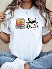 Size - Size - Women's T-Shirt With Graphic Bookseller Print, Casual Short Sleeve Crew Neck Top For Summer And Spring, Women's Clothing - 白色 - 查看 6