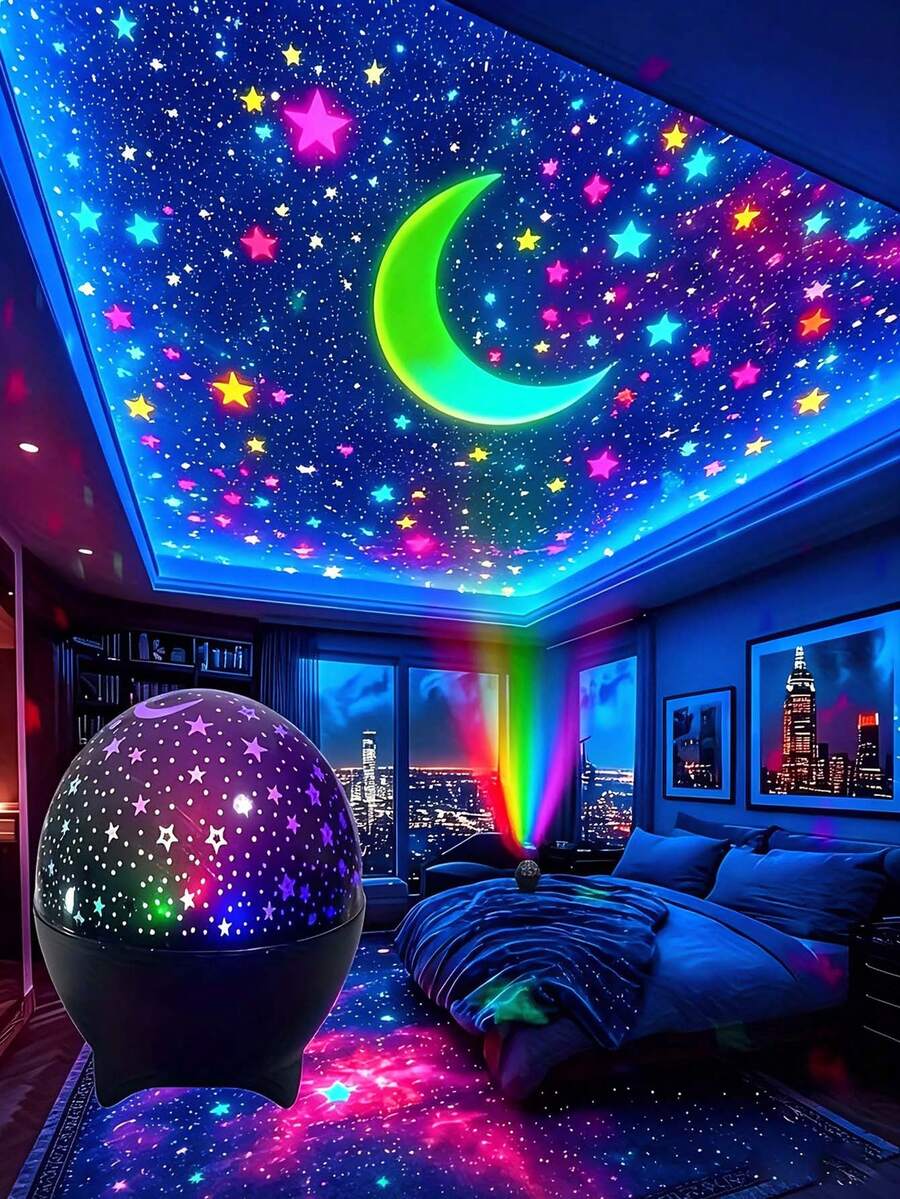 1个黑色星月投影灯，星月投影仪，星月夜灯，星空氛围灯，星月房间投影仪，星月卧室床头氛围灯，星月天花板投影仪，营造梦幻星空氛围，USB供电星月投影仪，适用于房间、卧室、客厅装饰，营造氛围，卧室派对装饰，生日礼物，房间装饰，卧室装饰，灯，灯罩，夜灯，灯光，礼物，卧室照明，派对装饰，卧室用品