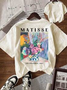 Camiseta de manga corta con cuello redondo, estampado de letras y flores, de estilo casual de verano para mujerPure-Cotton - Albaricoque - Ver 1