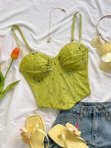 Top de camisola de malla con estampado floral vintage romántico para mujeres, adecuado para vacaciones, citas, té de la tarde, vacaciones, festivales de música, estilo bohemio, primavera/verano - Verde - Ver 1